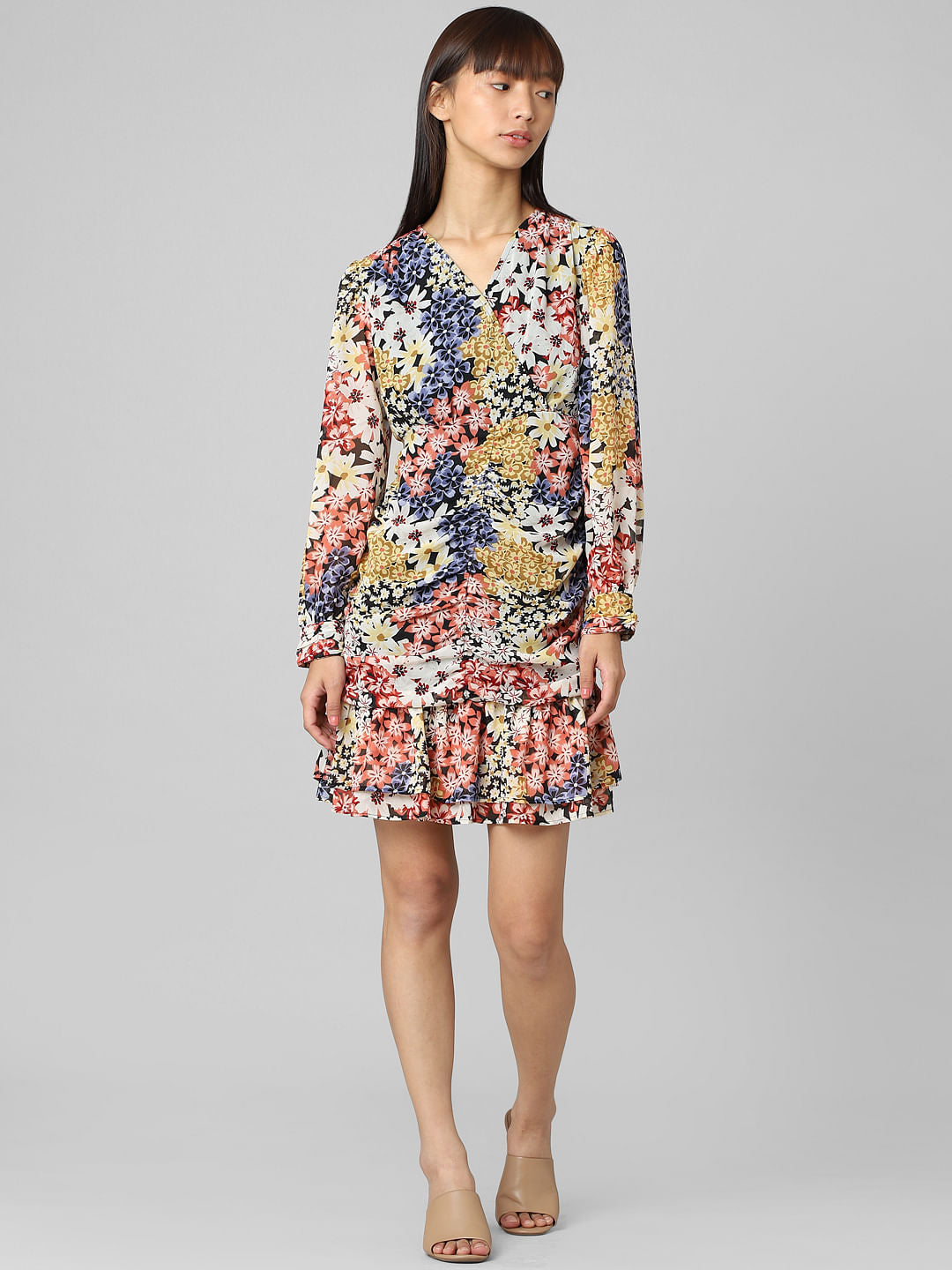 Black Floral Ruched Mini Dress