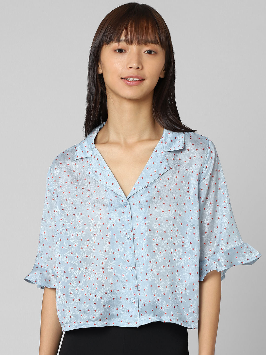 Blue Heart Print Satin Shirt