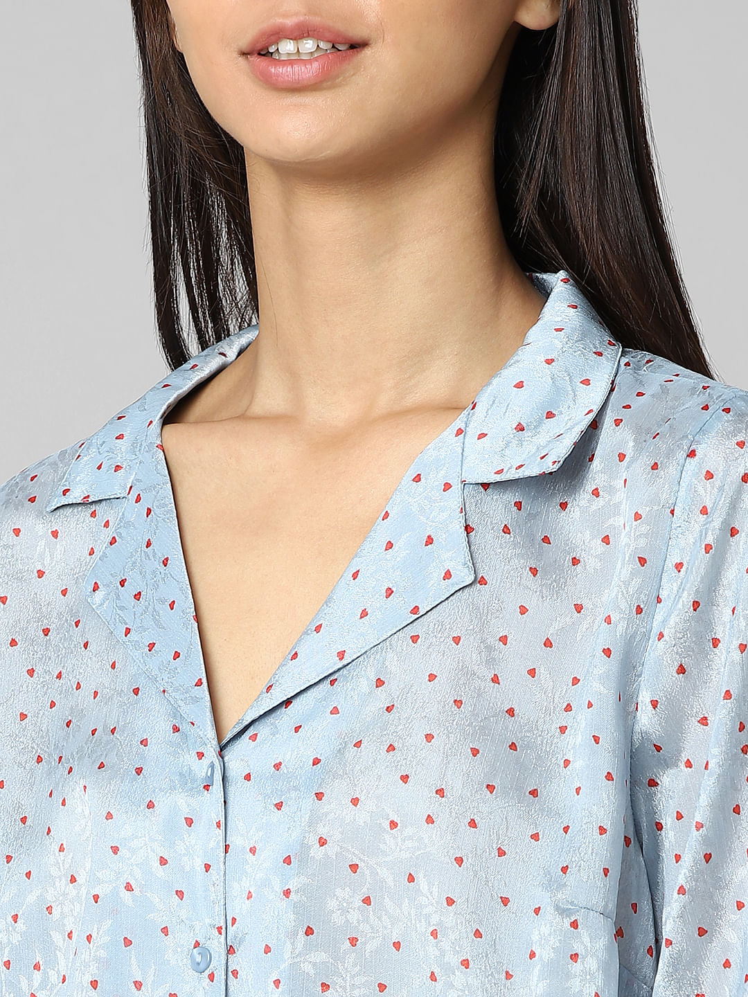 Blue Heart Print Satin Shirt