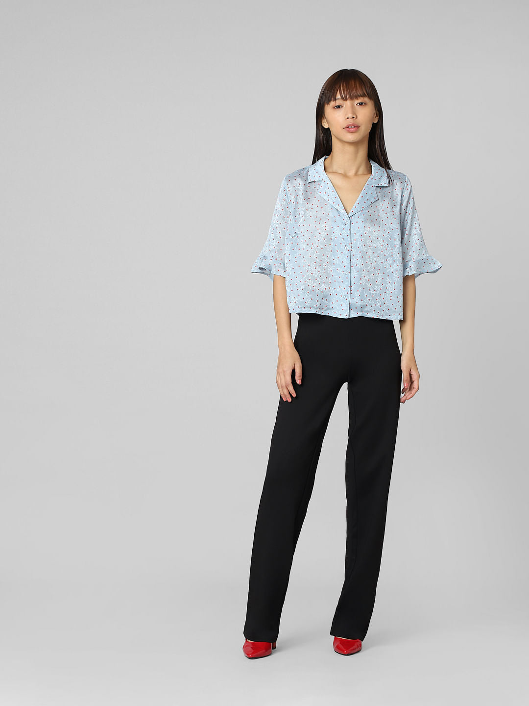 Blue Heart Print Satin Shirt