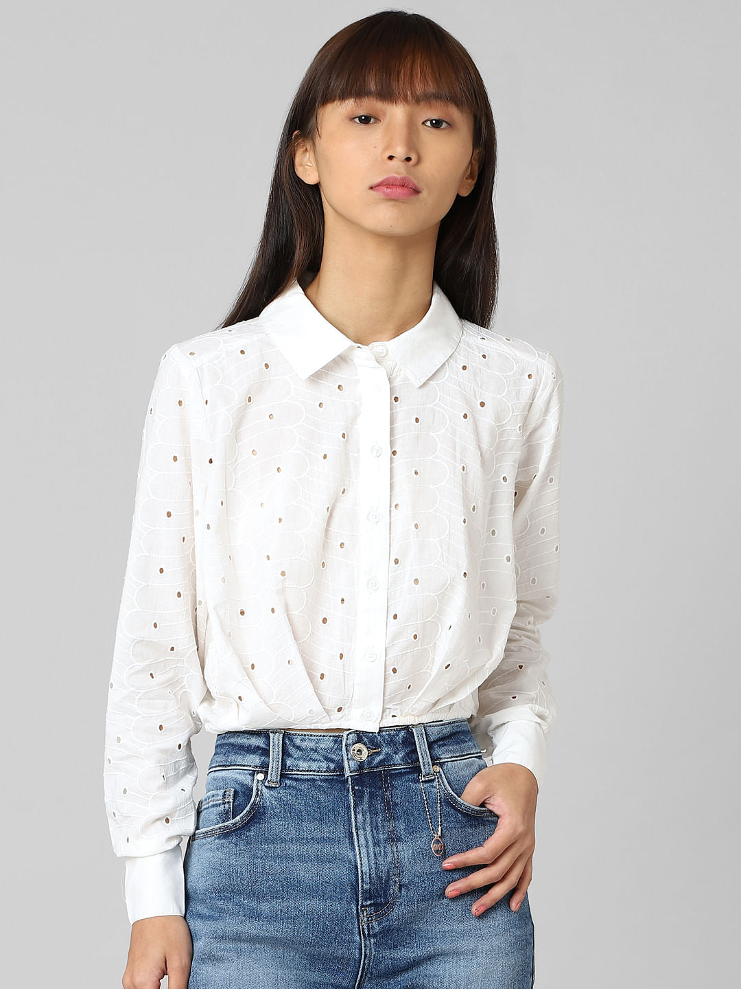 White Embroidered Cropped Shirt