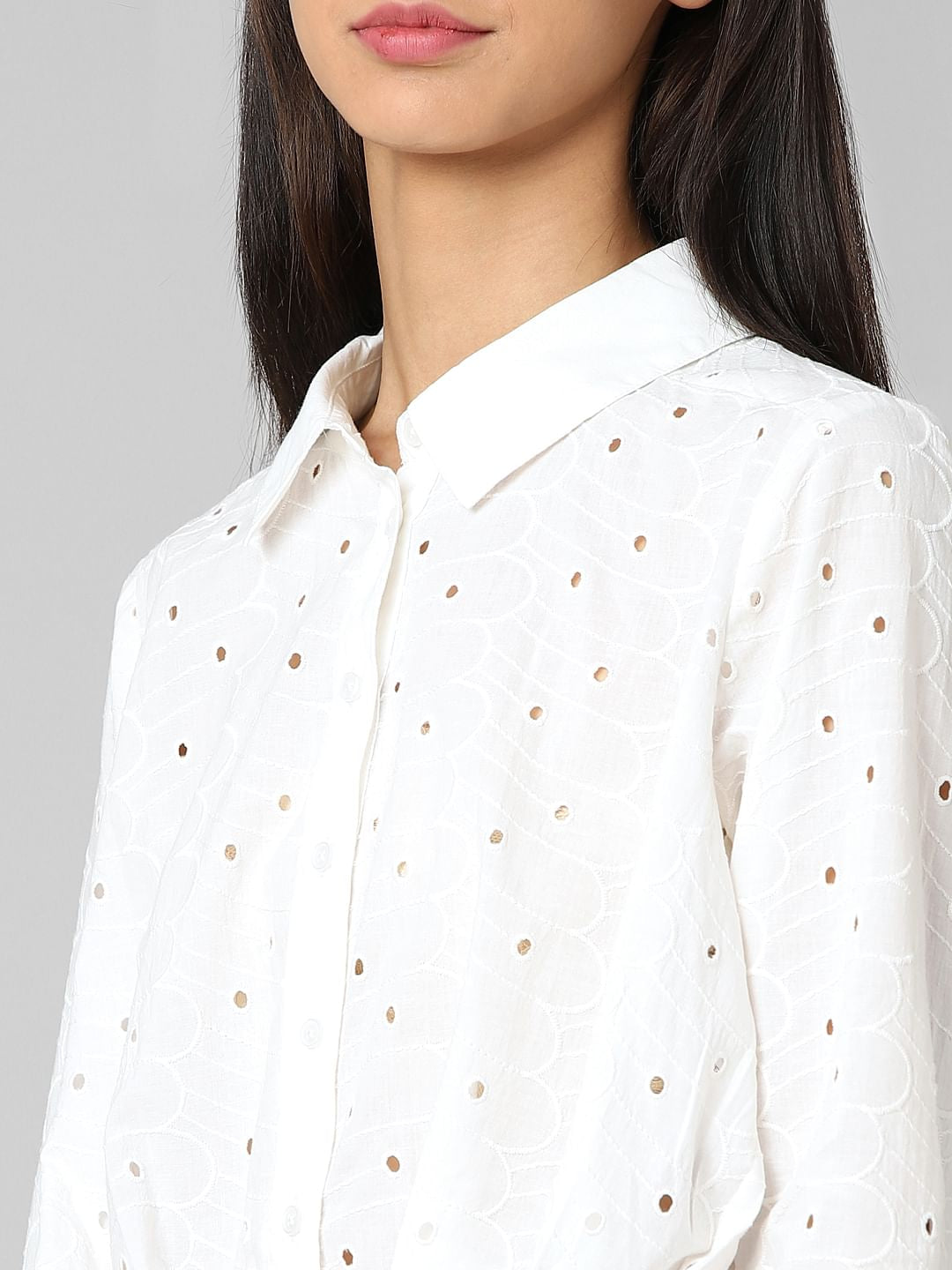 White Embroidered Cropped Shirt