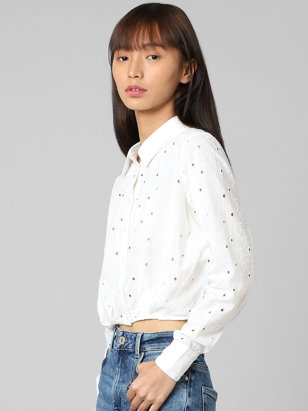 White Embroidered Cropped Shirt
