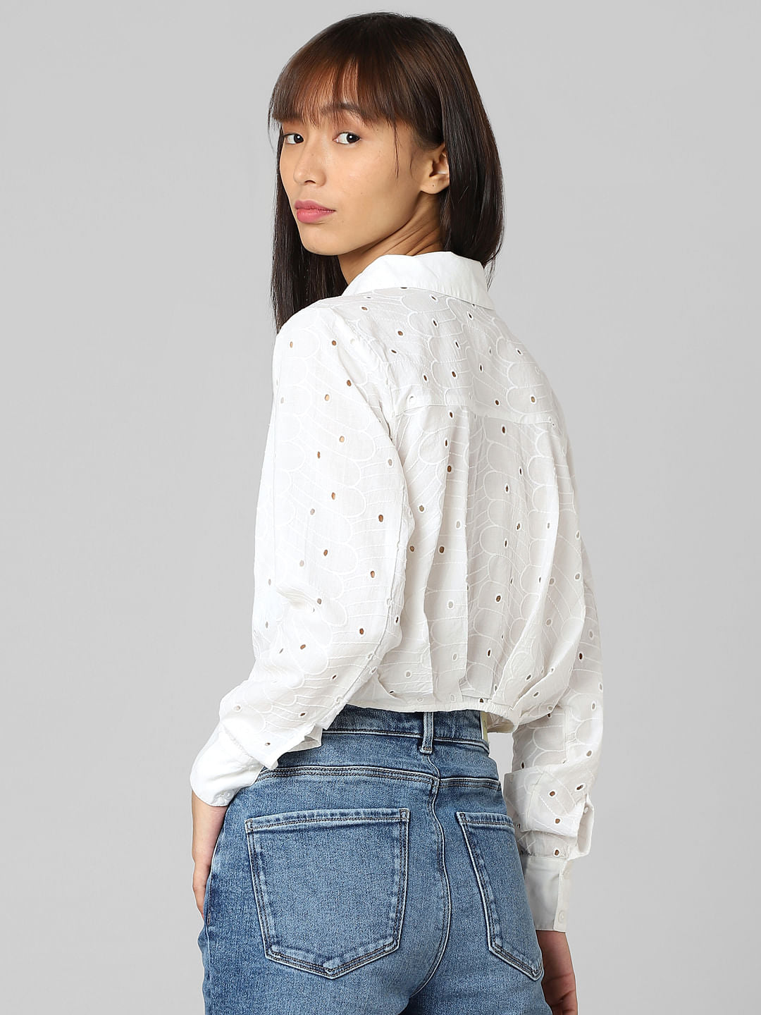 White Embroidered Cropped Shirt
