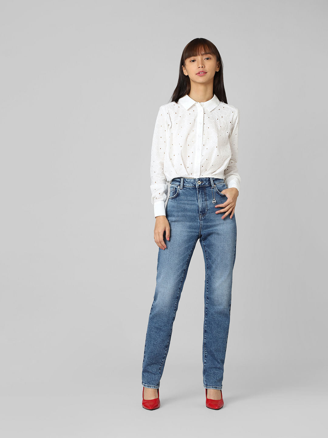 White Embroidered Cropped Shirt