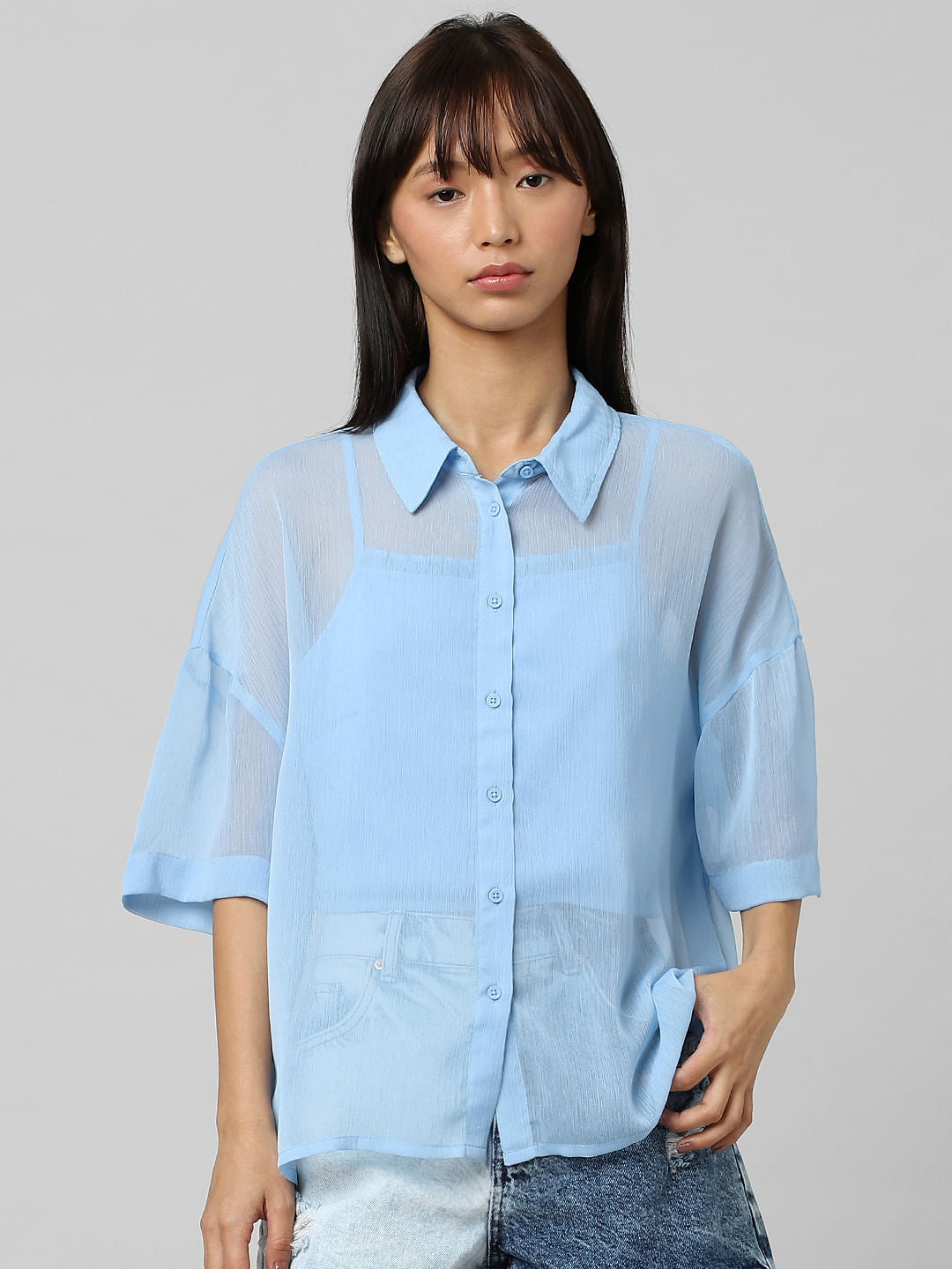 Blue Crepe Oversized Shirt