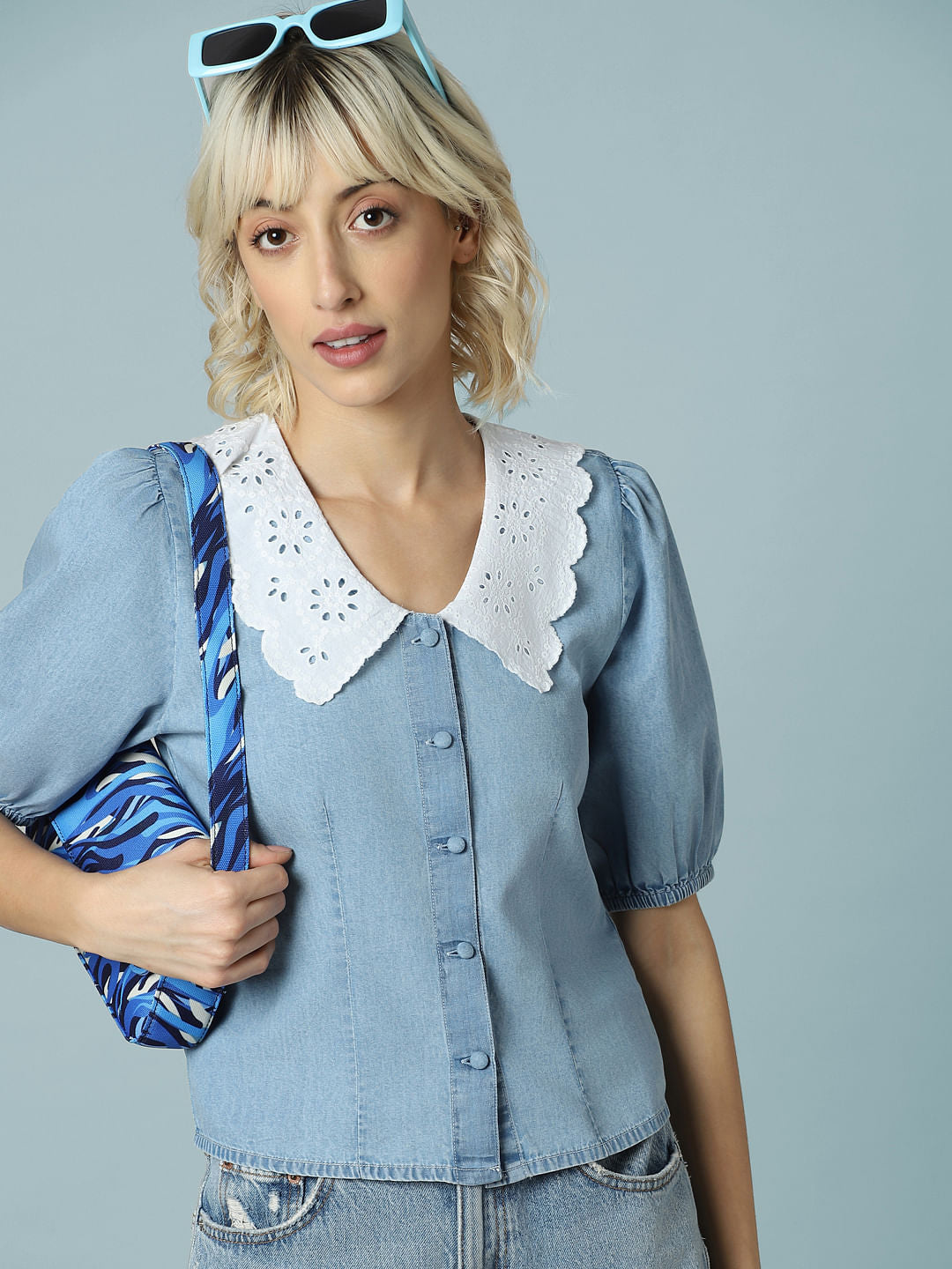 Blue Peterpan Collar Denim Shirt