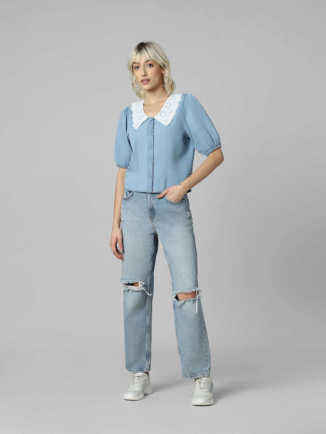 Blue Peterpan Collar Denim Shirt