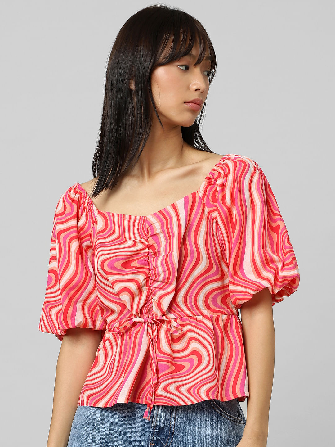 Red Printed Balloon-Sleeved Top