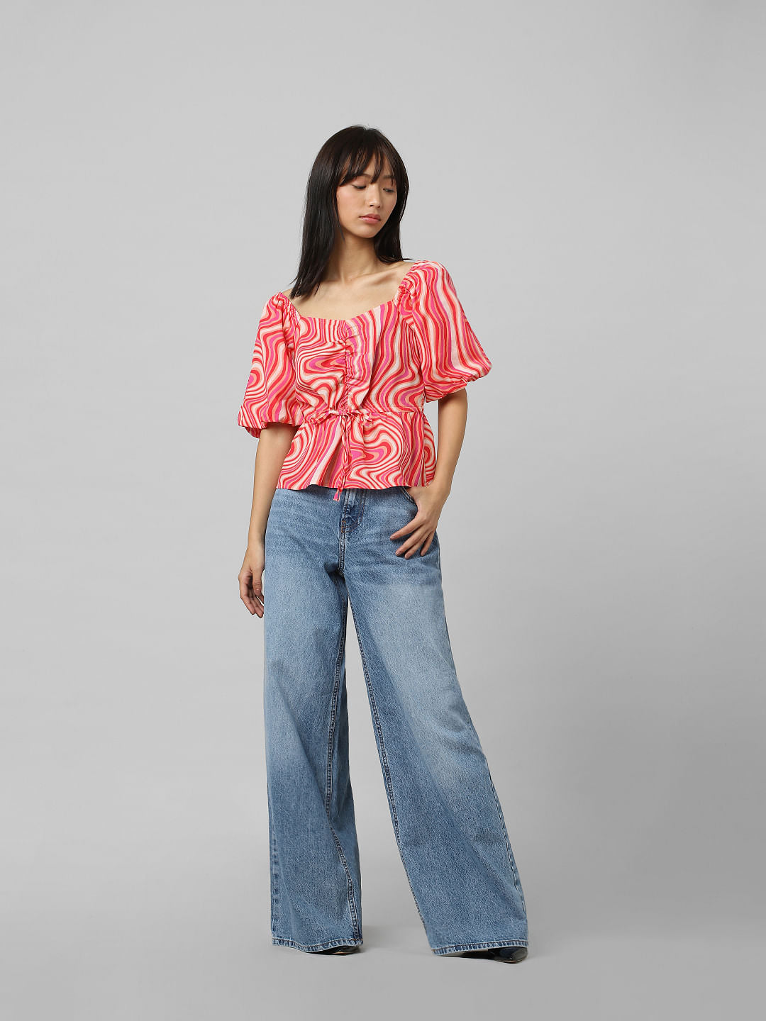 Red Printed Balloon-Sleeved Top