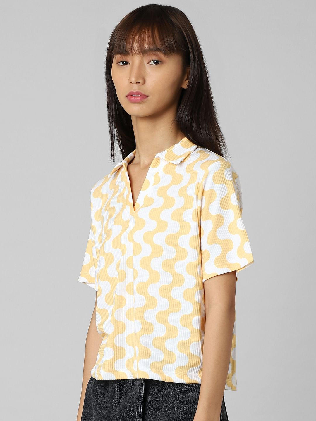 White Printed Ribbed Polo T-Shirt