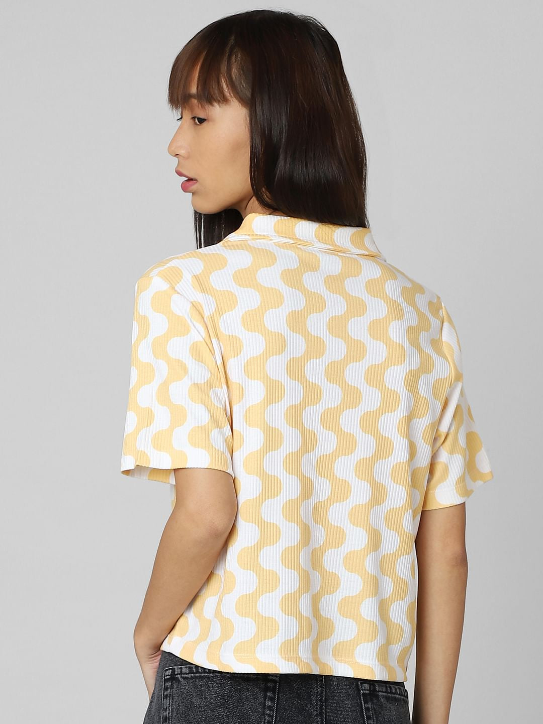 White Printed Ribbed Polo T-Shirt