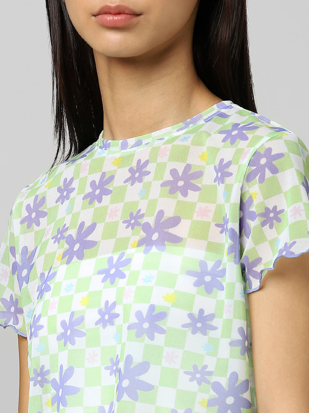 White Cropped Floral Mesh Top