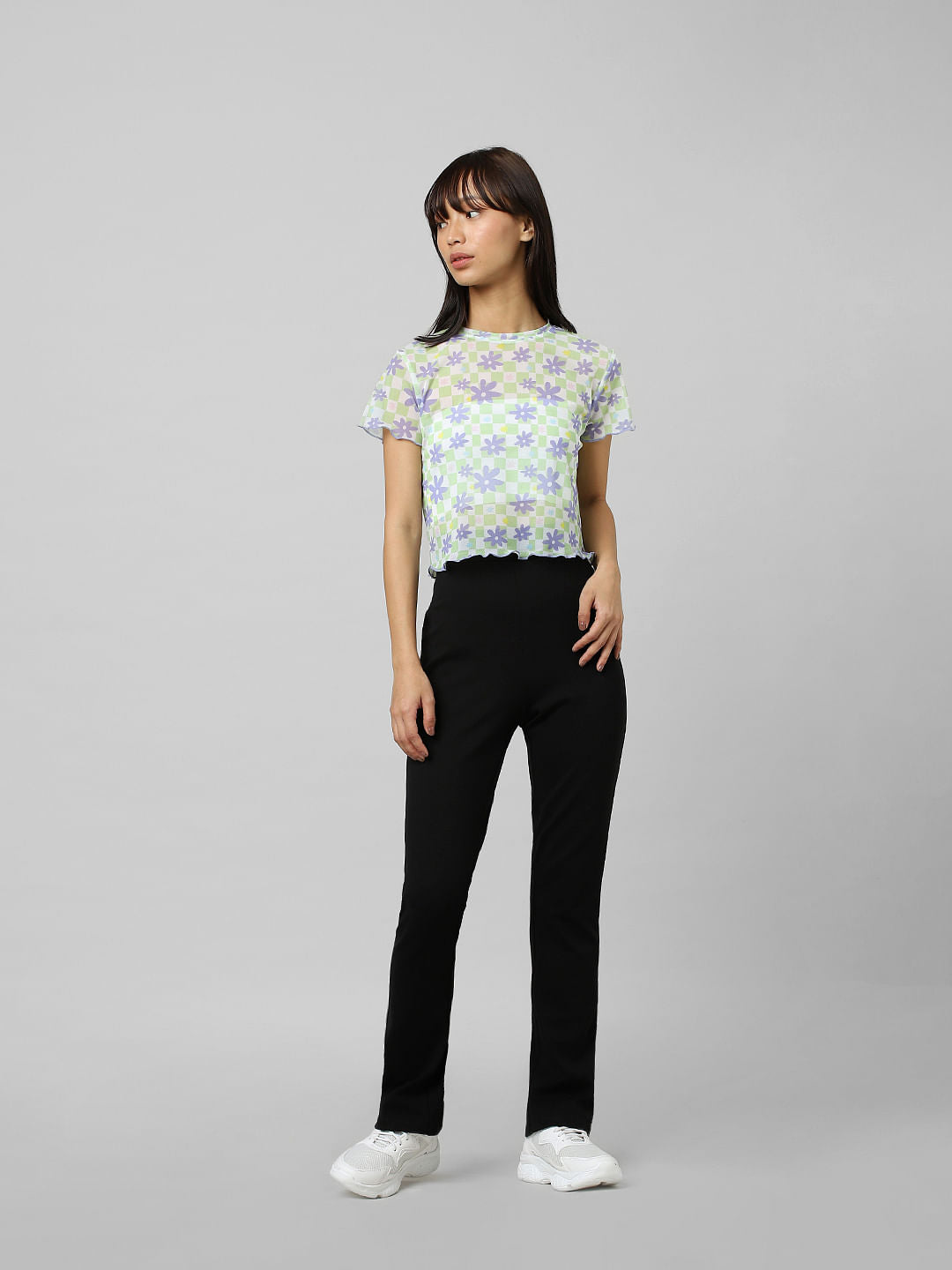 White Cropped Floral Mesh Top