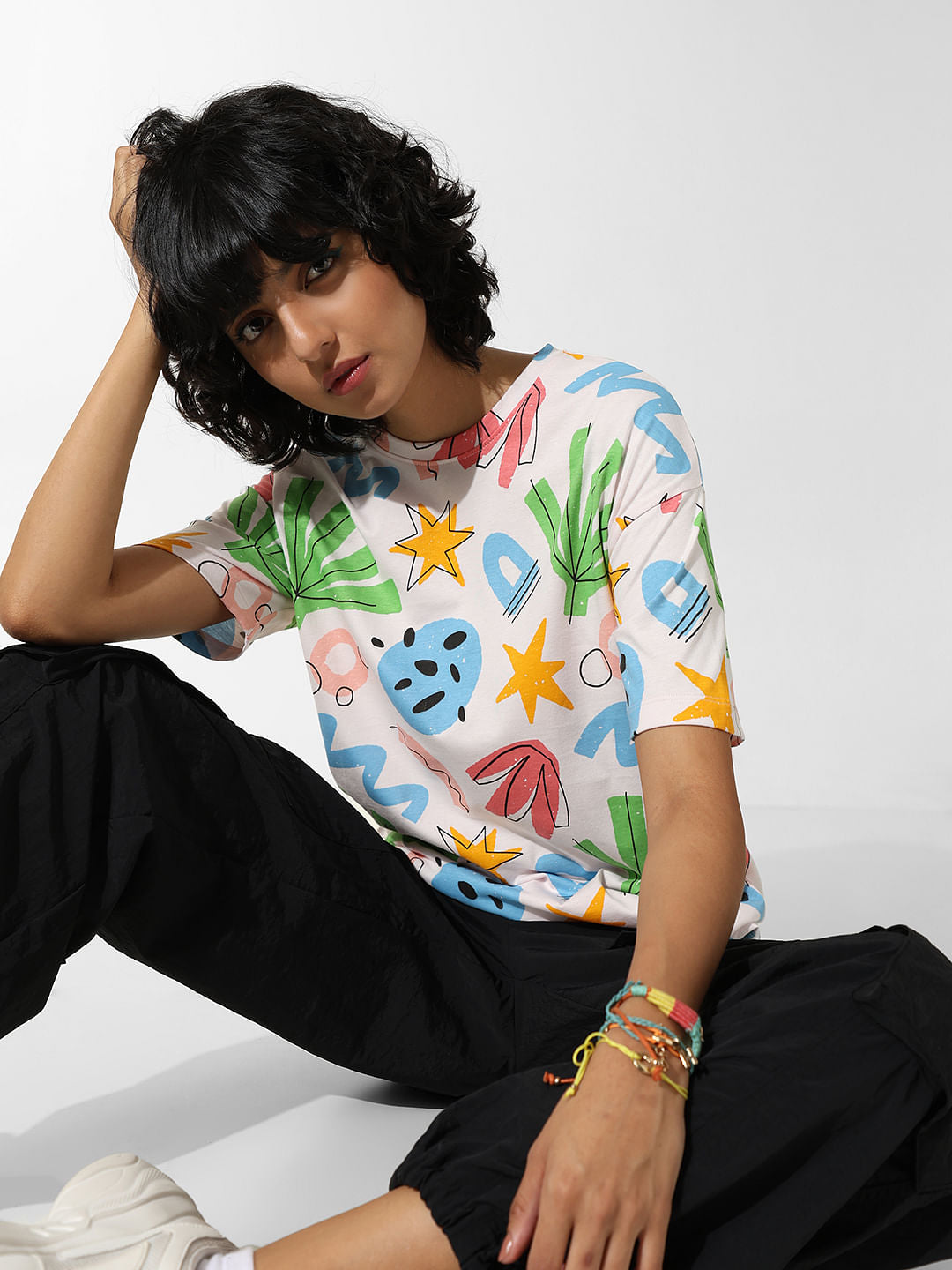 White Printed Long T-Shirt