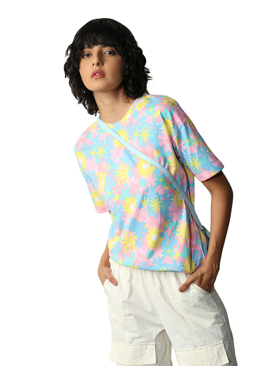 Blue Floral Print Long T-Shirt