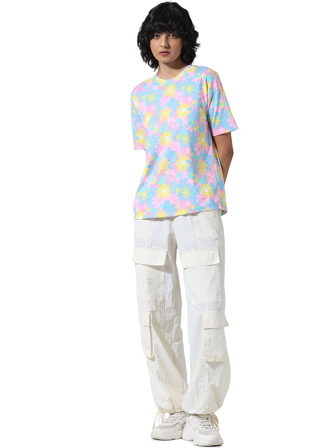 Blue Floral Print Long T-Shirt