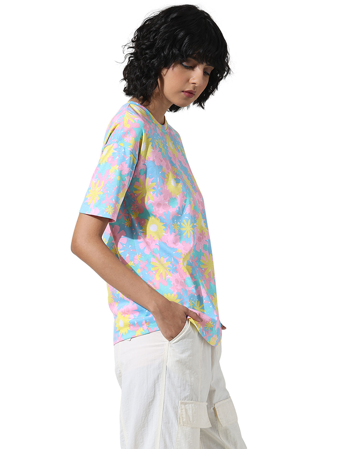 Blue Floral Print Long T-Shirt