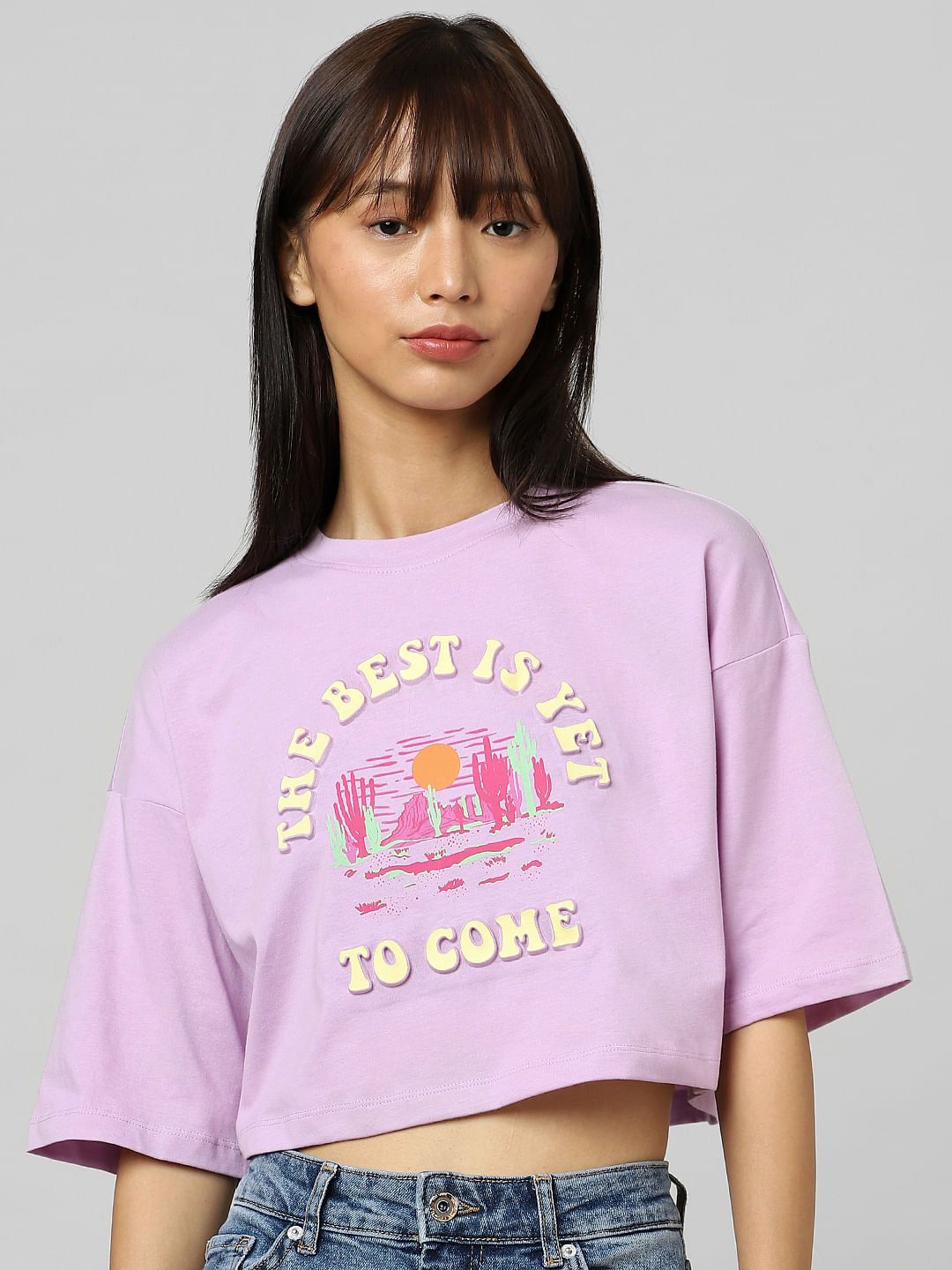 Purple Printed Cropped T-Shirt