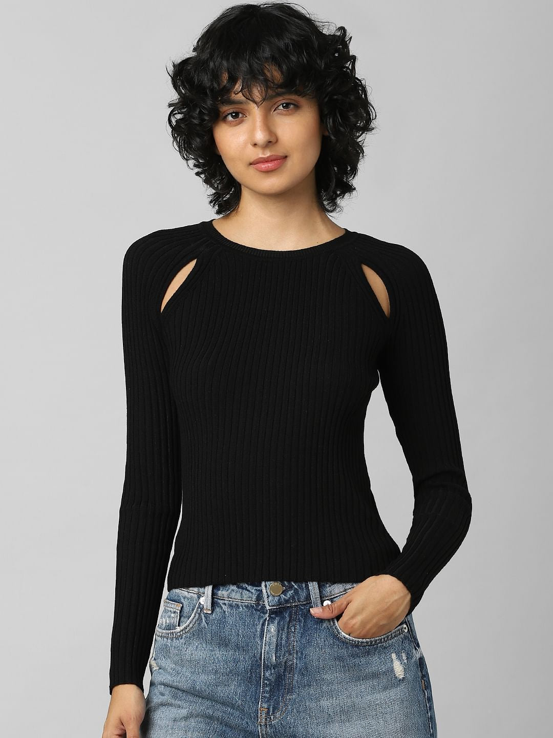 Black Cut Out Detail Ribbed Pullover