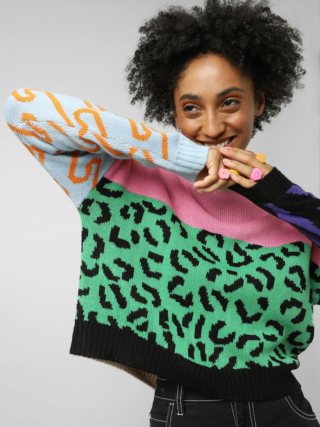 Pink Colourblocked Jacquard Knit Pullover