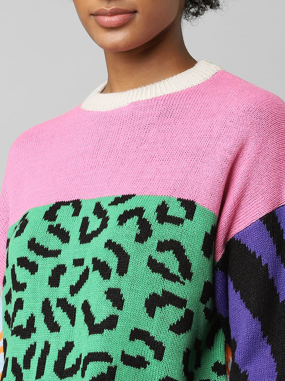 Pink Colourblocked Jacquard Knit Pullover