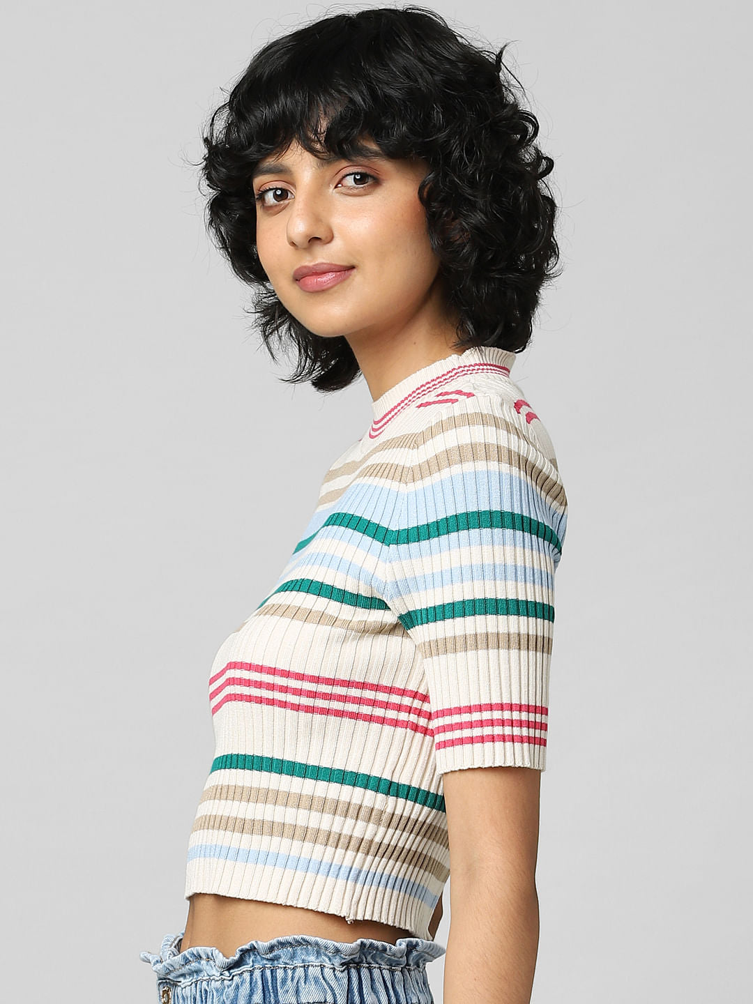 Blue Striped Cropped Pullover