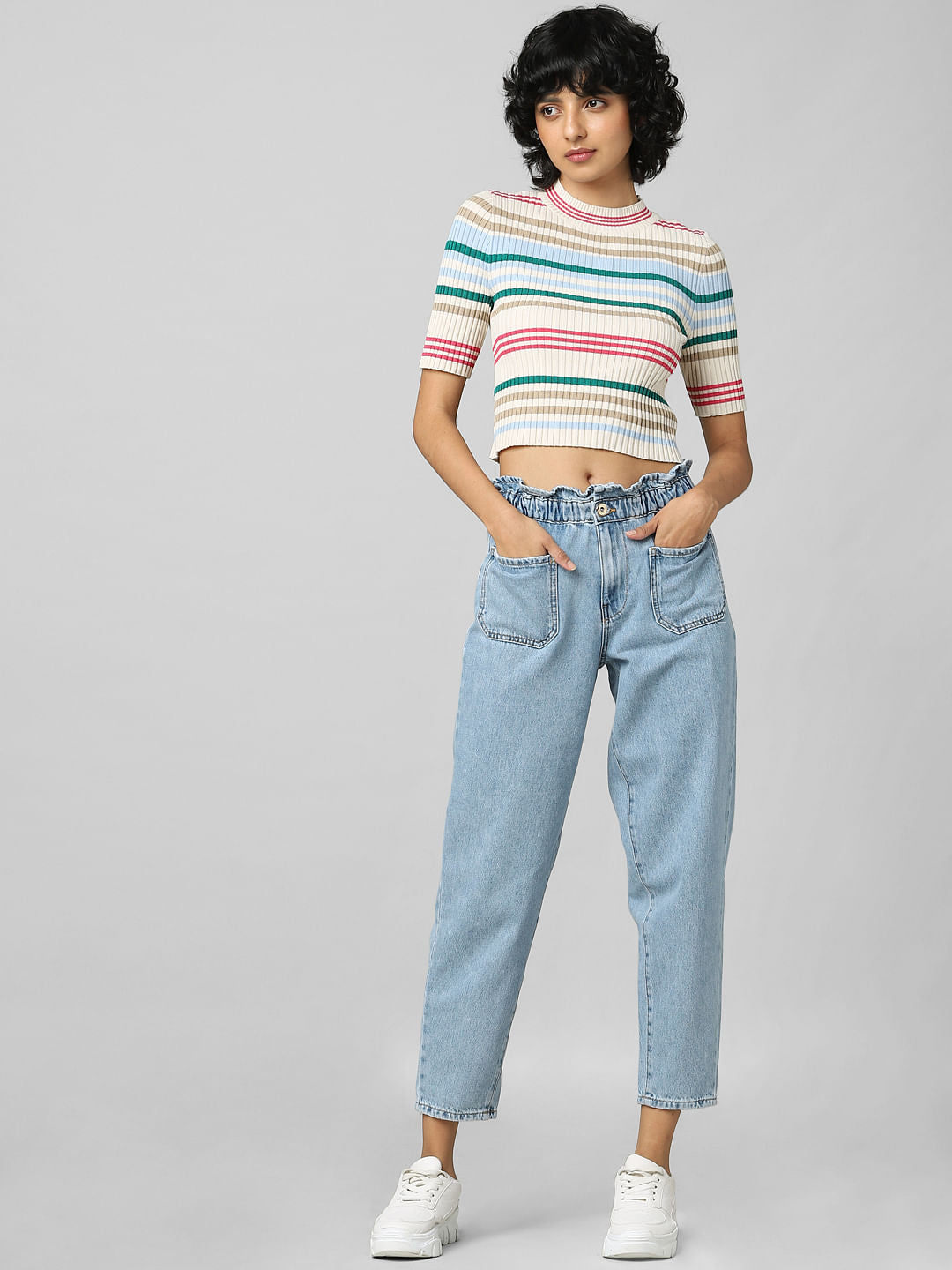 Blue Striped Cropped Pullover