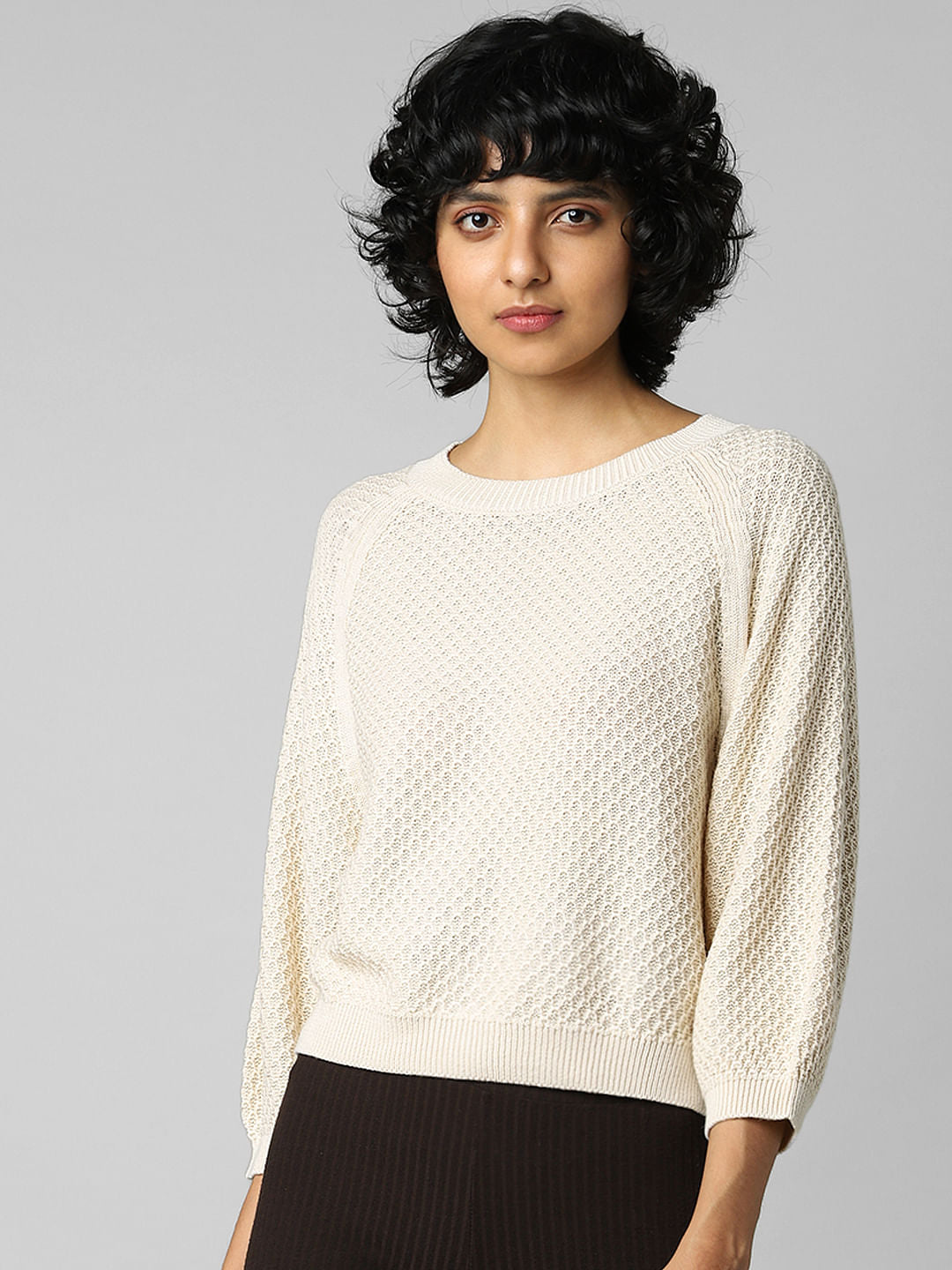 Beige Structured Knit Pullover