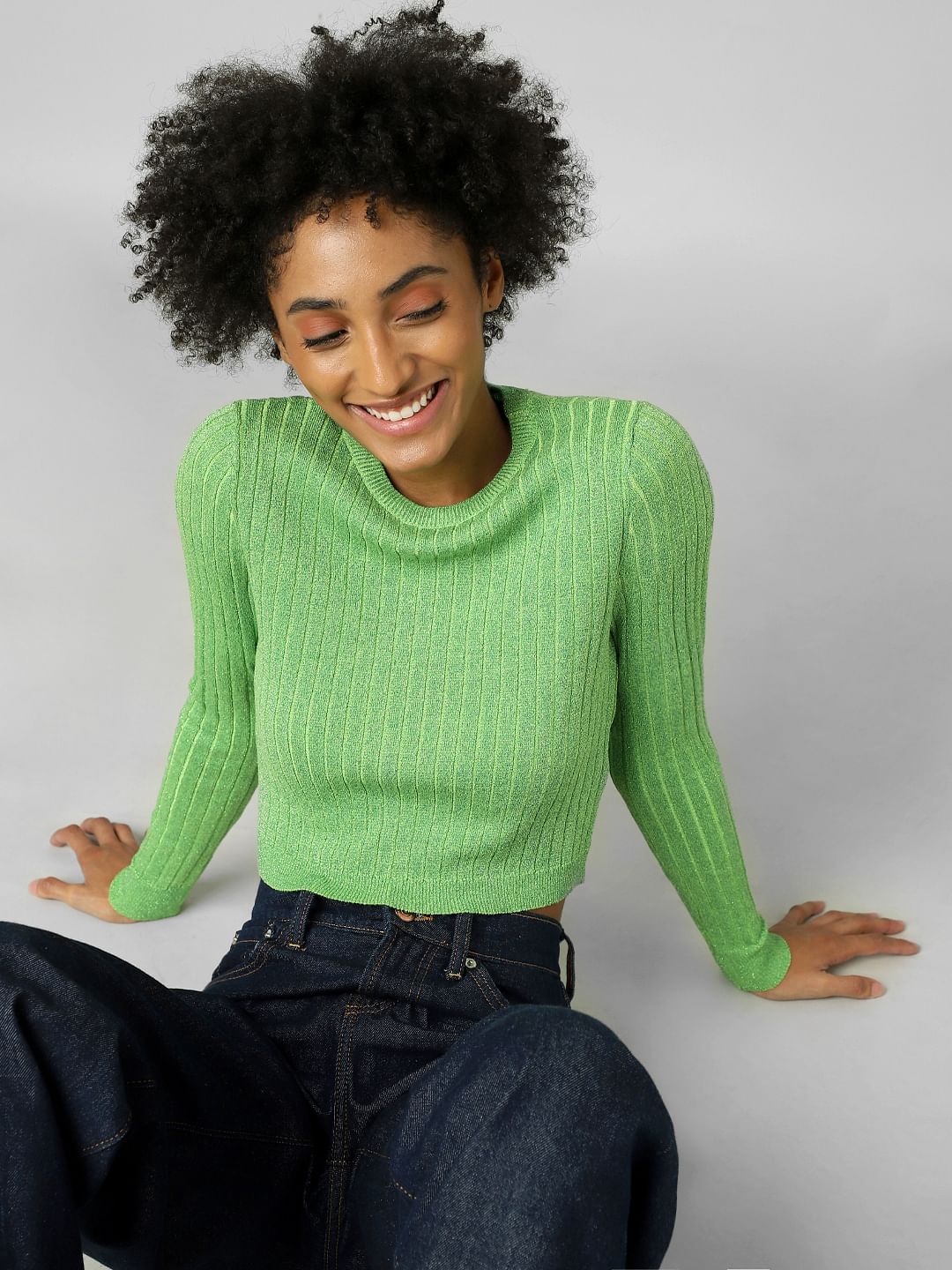 Green Ribbed Cropped Pullover