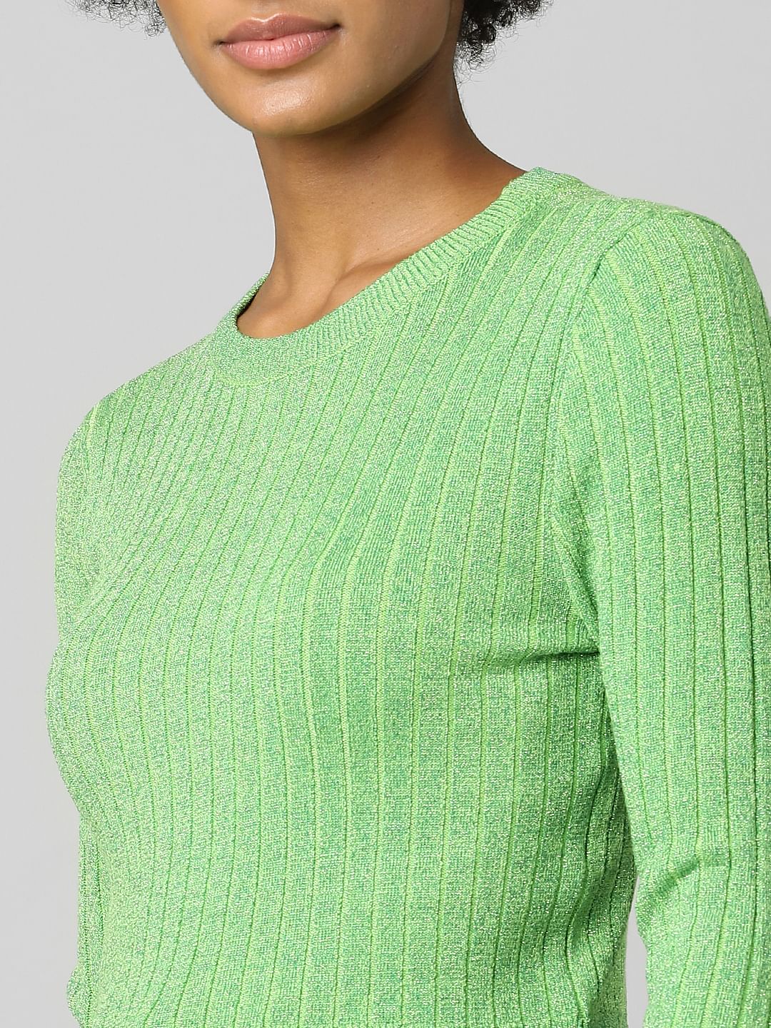 Green Ribbed Cropped Pullover