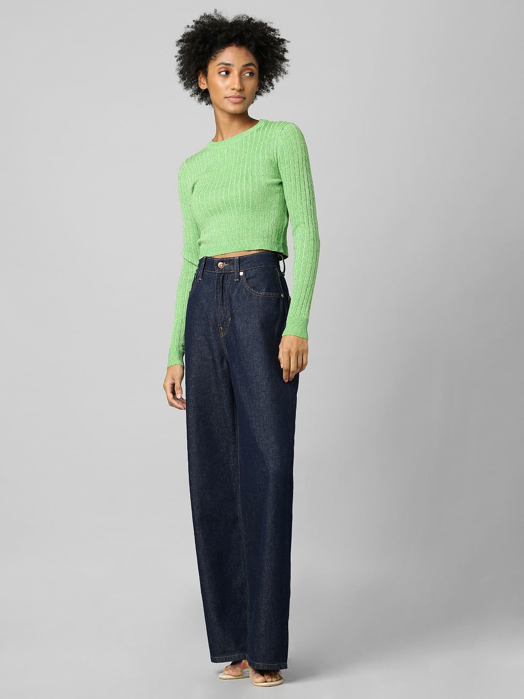 Green Ribbed Cropped Pullover