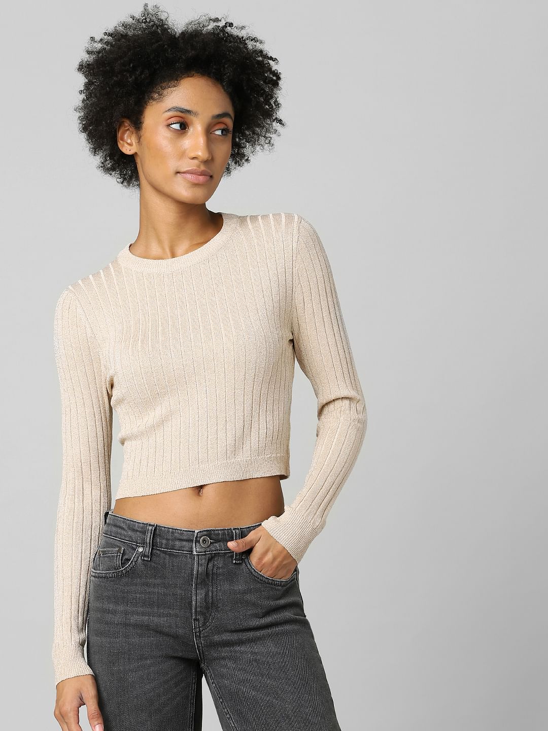 Light Brown Ribbed Cropped Pullover