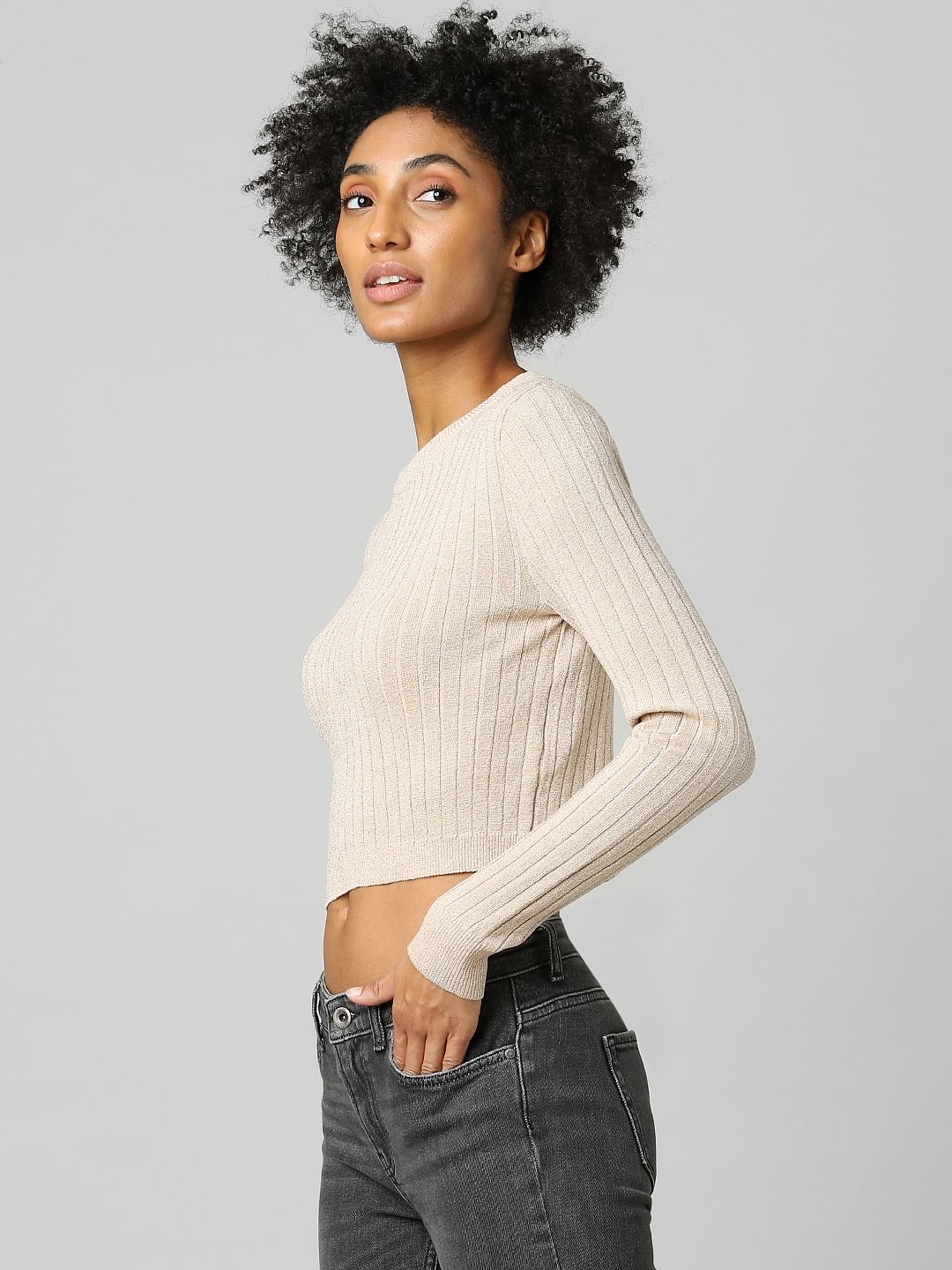 Light Brown Ribbed Cropped Pullover