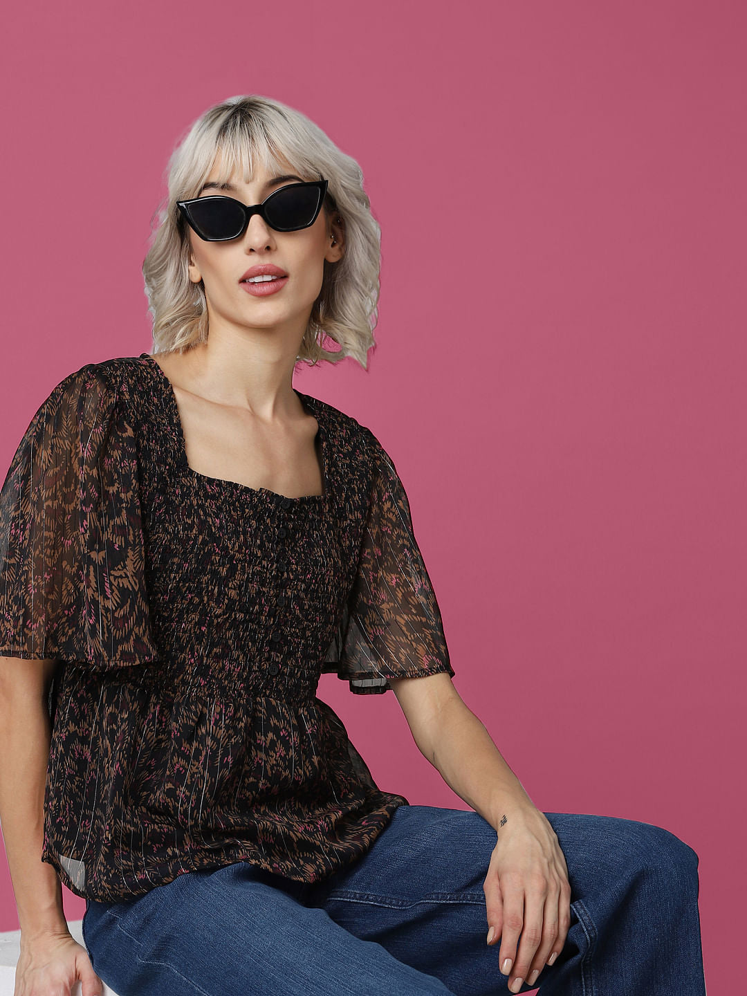 Black Printed Smocked Top