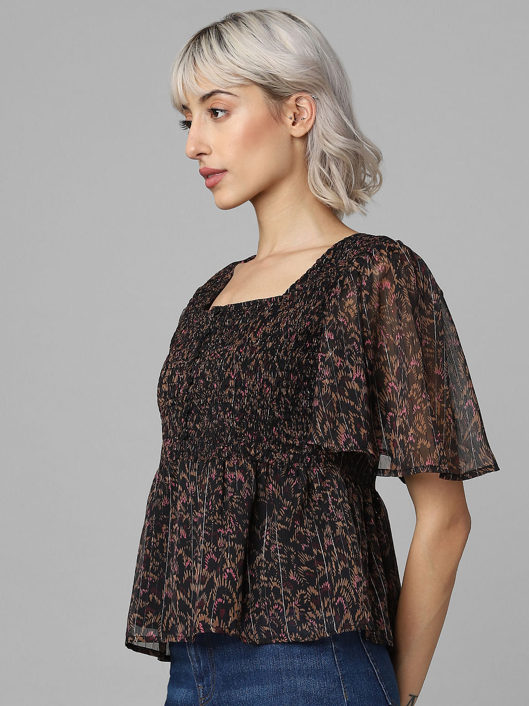 Black Printed Smocked Top