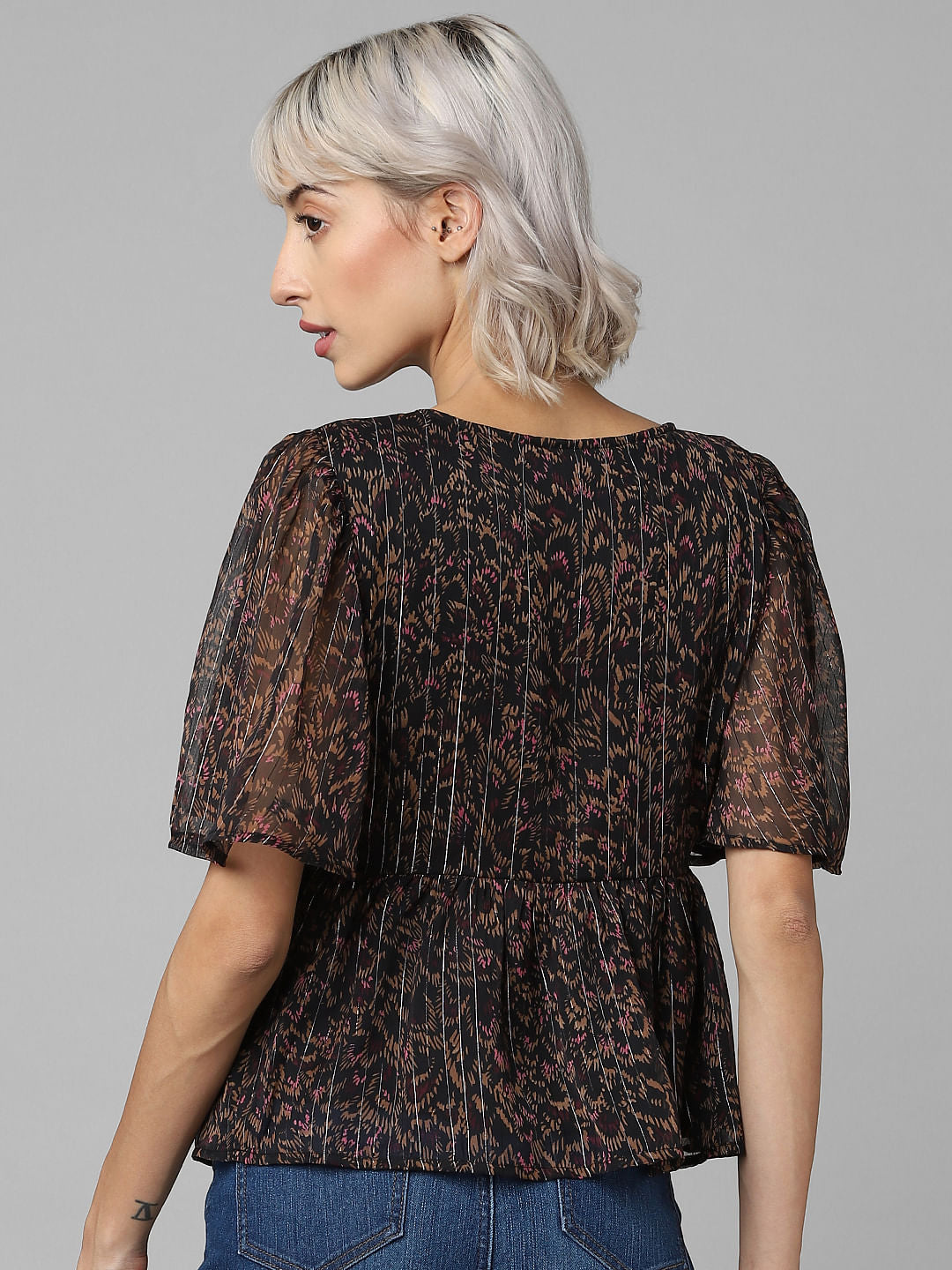 Black Printed Smocked Top