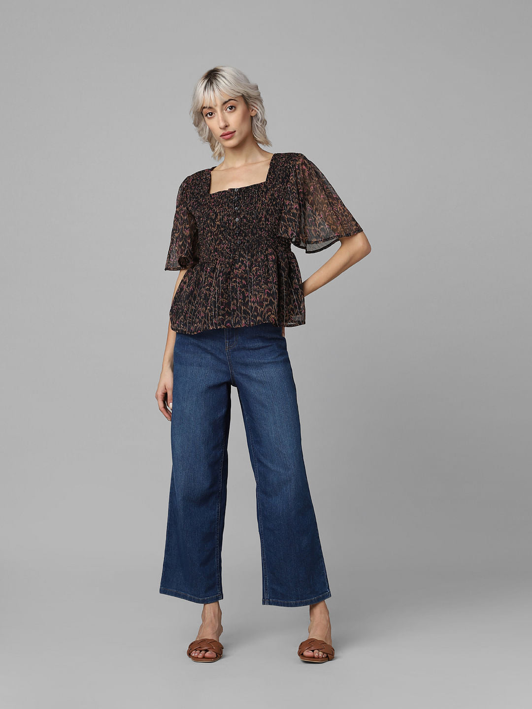 Black Printed Smocked Top