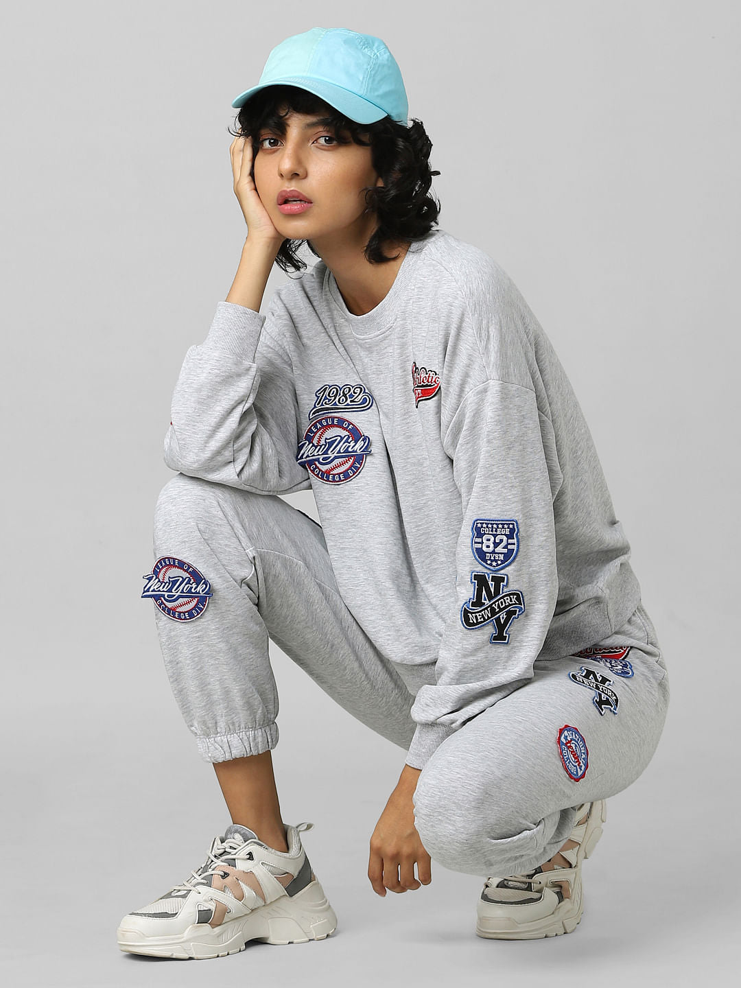 Grey Badge Print Co-Ord Sweatshirt