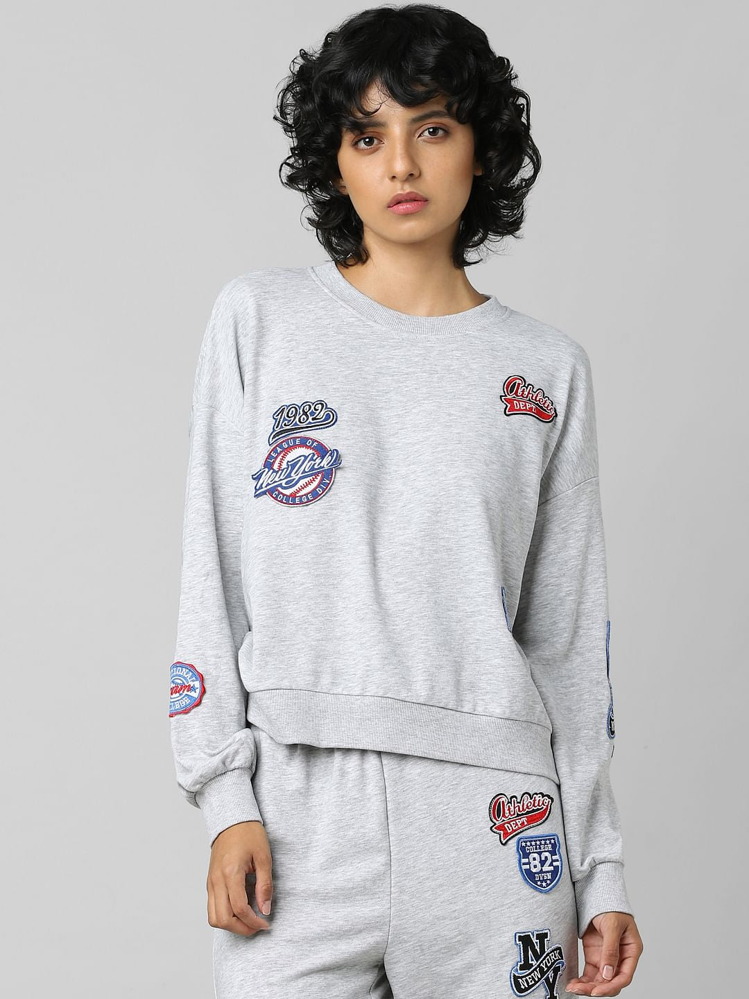 Grey Badge Print Co-Ord Sweatshirt