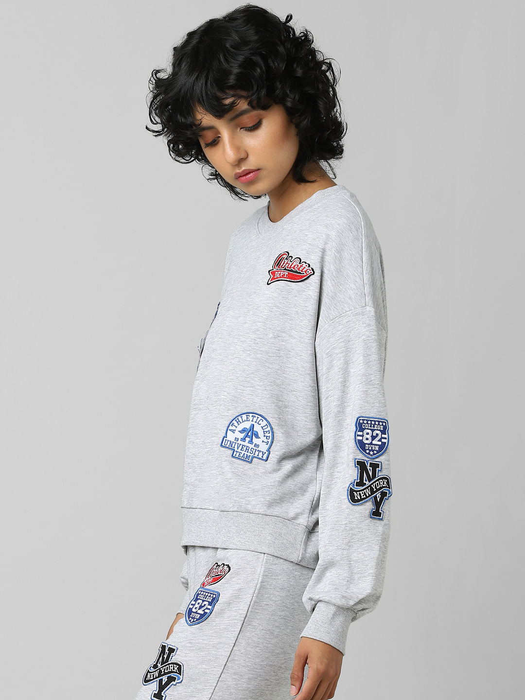 Grey Badge Print Co-Ord Sweatshirt