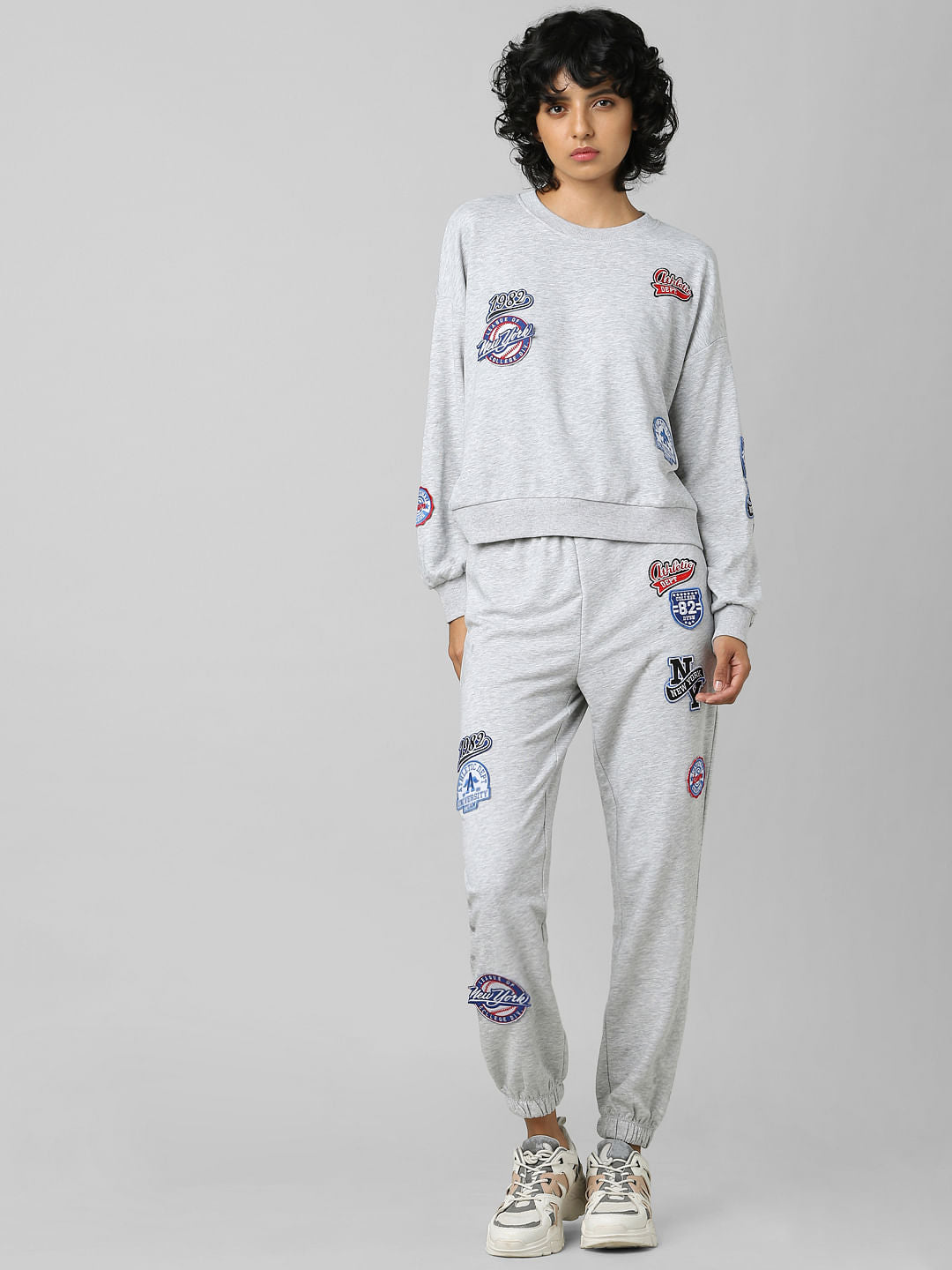 Grey Badge Print Co-Ord Sweatshirt