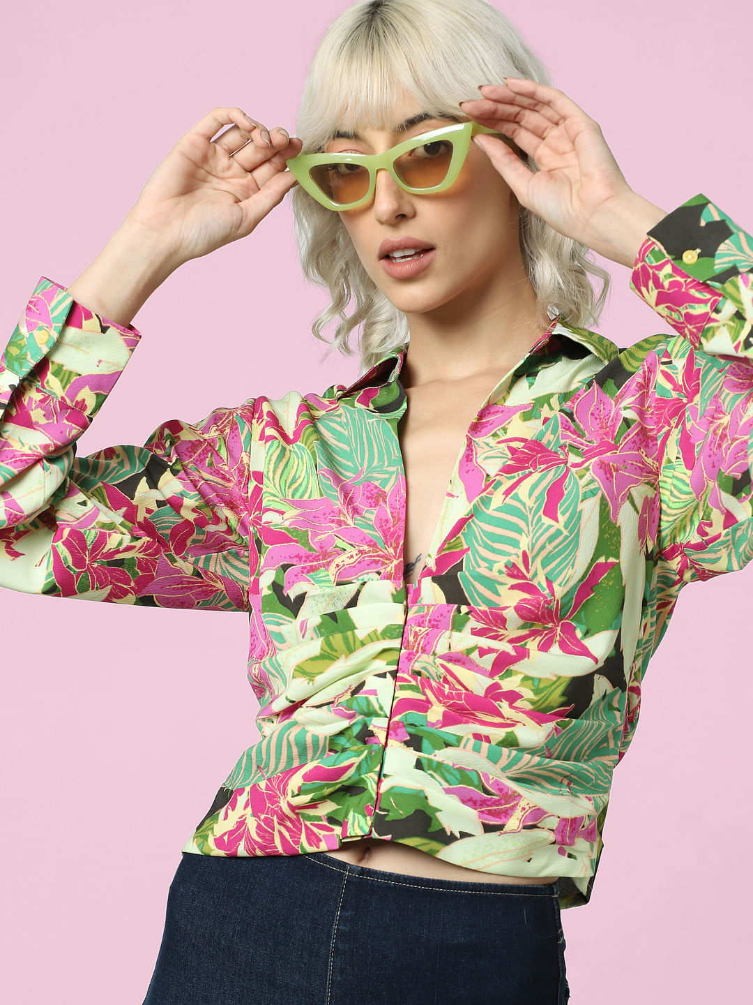 Green Floral Cropped Shirt