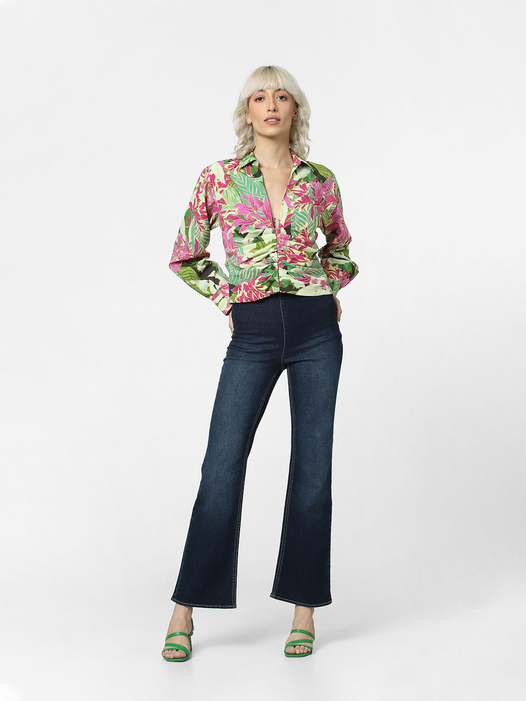 Green Floral Cropped Shirt