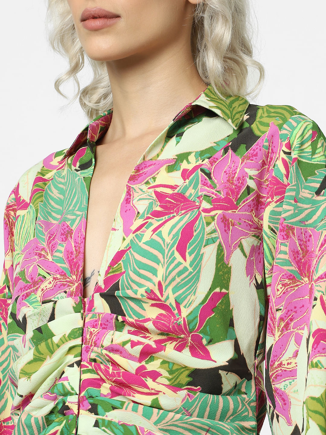 Green Floral Cropped Shirt