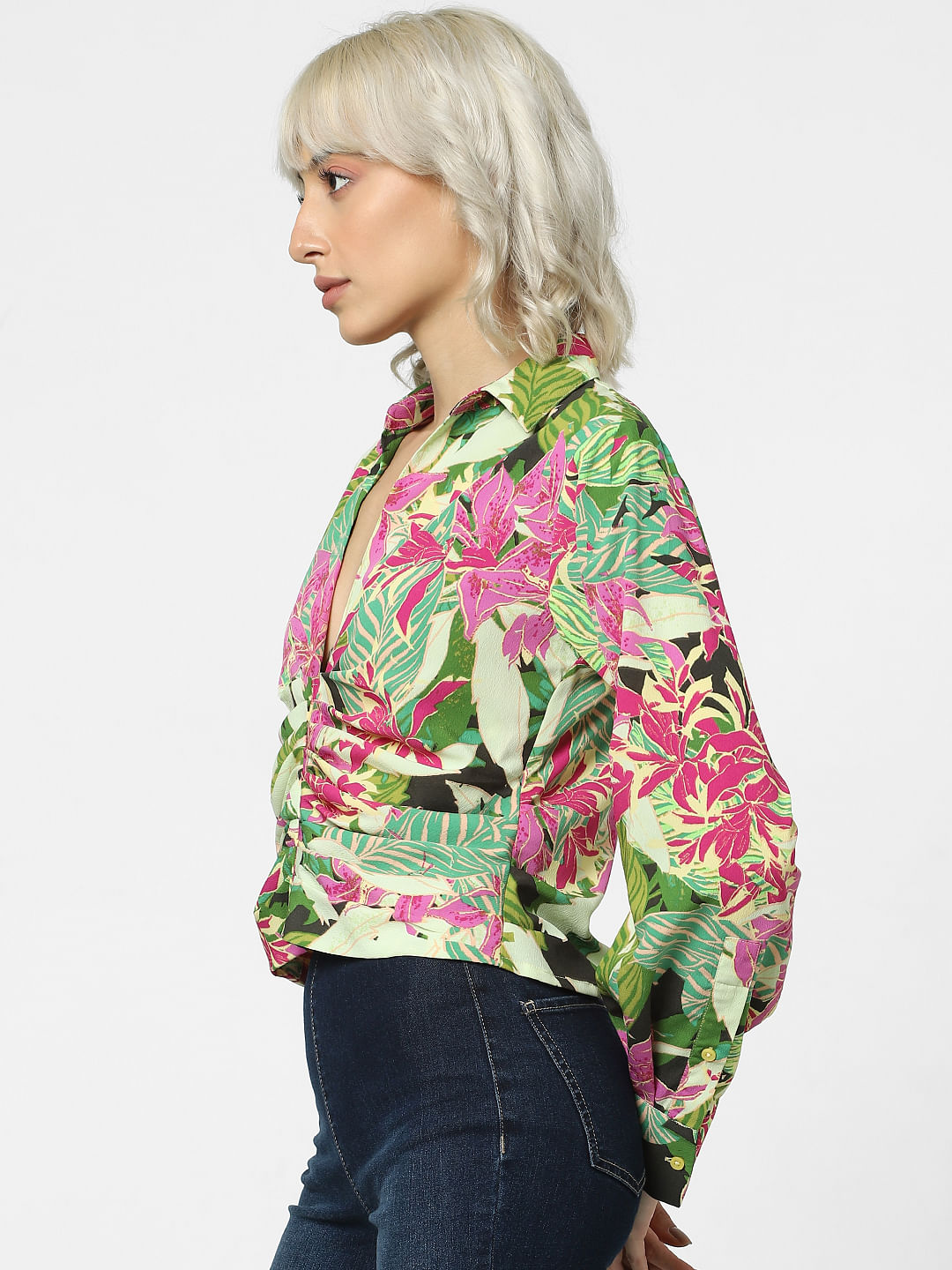 Green Floral Cropped Shirt