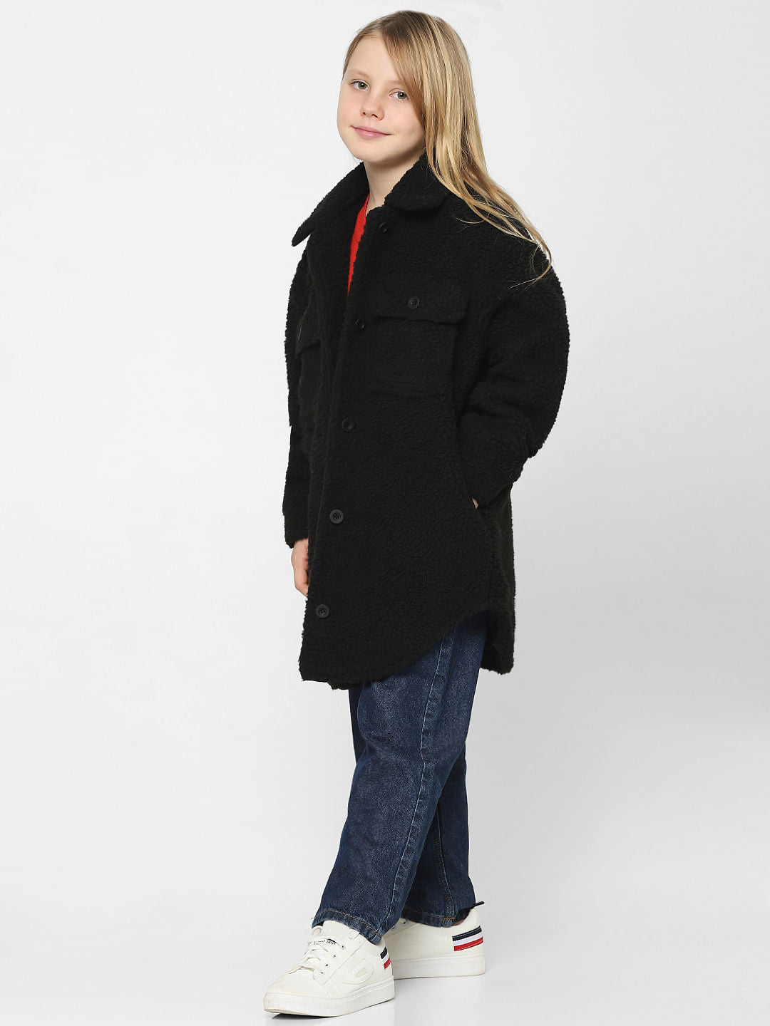 Girls Black Teddy Shacket