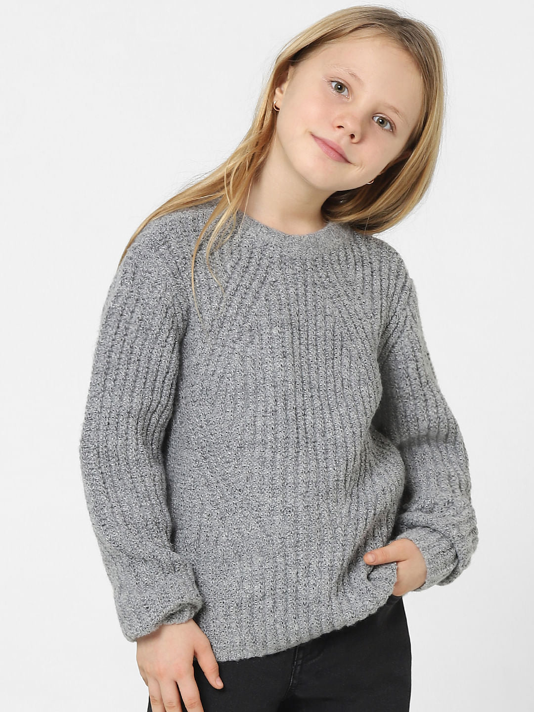 Girls Grey Cable Knit Pullover