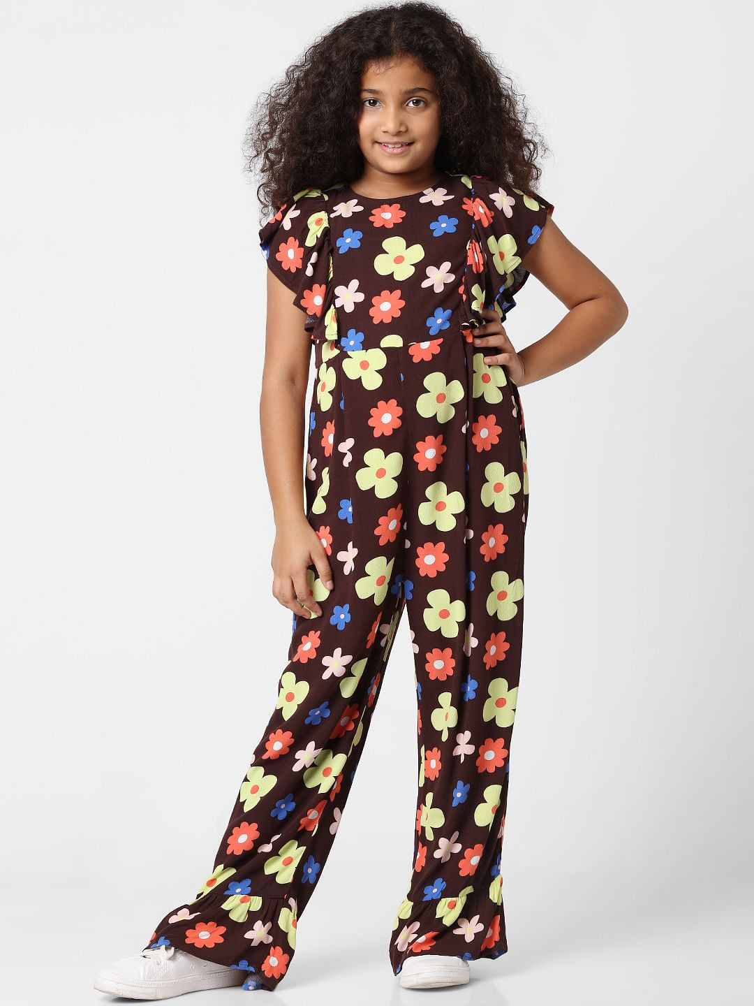 Girls Brown Floral Print Jumpsuit