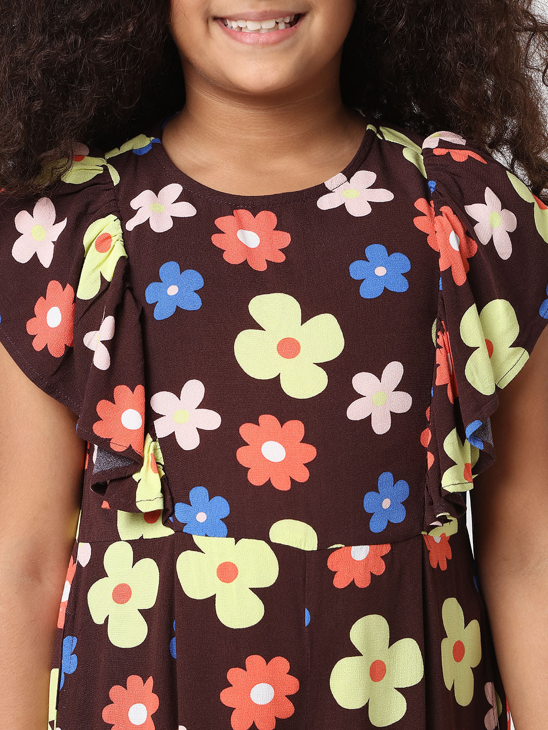 Girls Brown Floral Print Jumpsuit